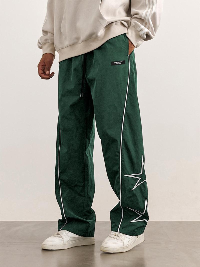 Product Introduction of Men's Loose Star Print Drawstring Waist Wide Leg Pants, Casual Pocket Trousers for Daily Wear, Woven Bottoms for All Seasons, Striped Trousers 15