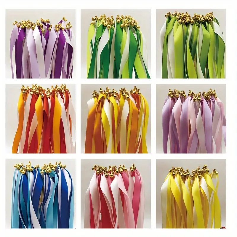 8-Piece Colorful Ribbon Wands With Bells - Perfect For Birthday, Wedding & Party Celebrations, Polyester Fairy Sticks For Ages 14+