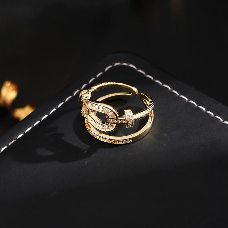 High Version Real Gold Plating Minimalist Design Personality Horseshoe U-Shaped Zircon Open Ring Jewelry for Women 0