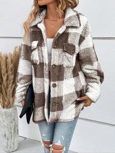 Women's Plaid Print Button Front Drop Shoulder Plush Coat, Casual Long Sleeve Collared Outerwear for Fall & Winter, Ladies Clothes for Daily Wear