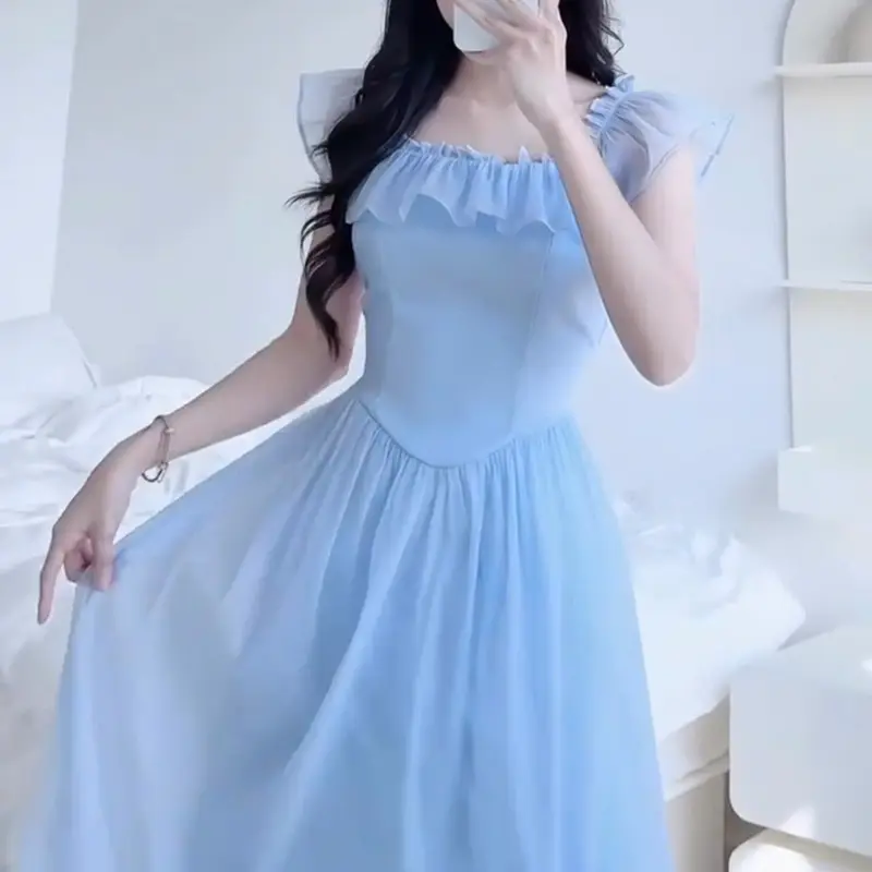 Đầm Maxi 2 Dây Dáng Dài Tay Bèo Bẹt Cổ Vuông Có Độ Co Giãn Nhẹ Thoải Mái Dạo Phố, Đi Biển Tiệc Tùng Voi Nữ 5