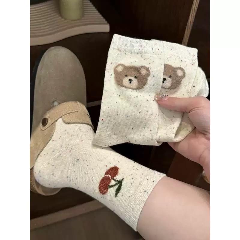 Set 5 Đôi Tất Cao Cổ Nữ Màu Muối Tiêu Họa Tiết GẤU CHERRY Phong Cách Hàn Quốc 4