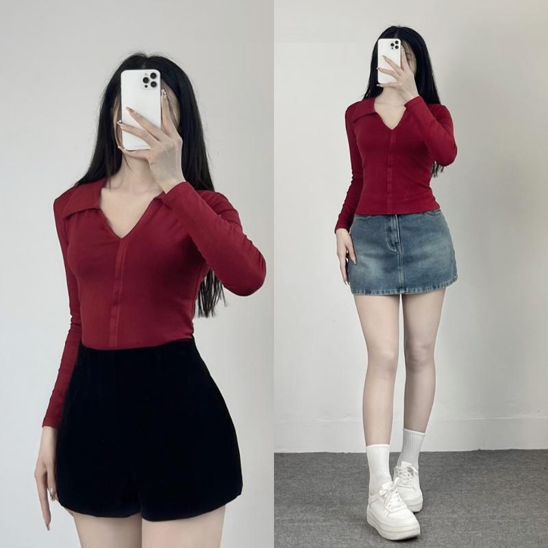 Áo Thun Nữ Dài Tay Cổ Bẻ Xẻ Ngực Chất Cotton Form Ôm Bigsize355T - Top, Women 9