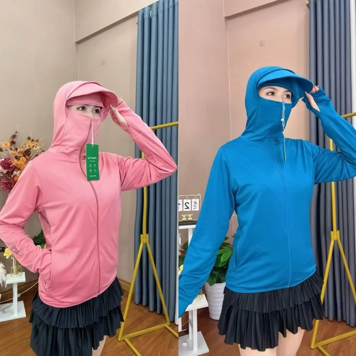 Áo nắng nữ 2 lớp bản che chán mũ cứng chống tia UV 50+ Thun Fish