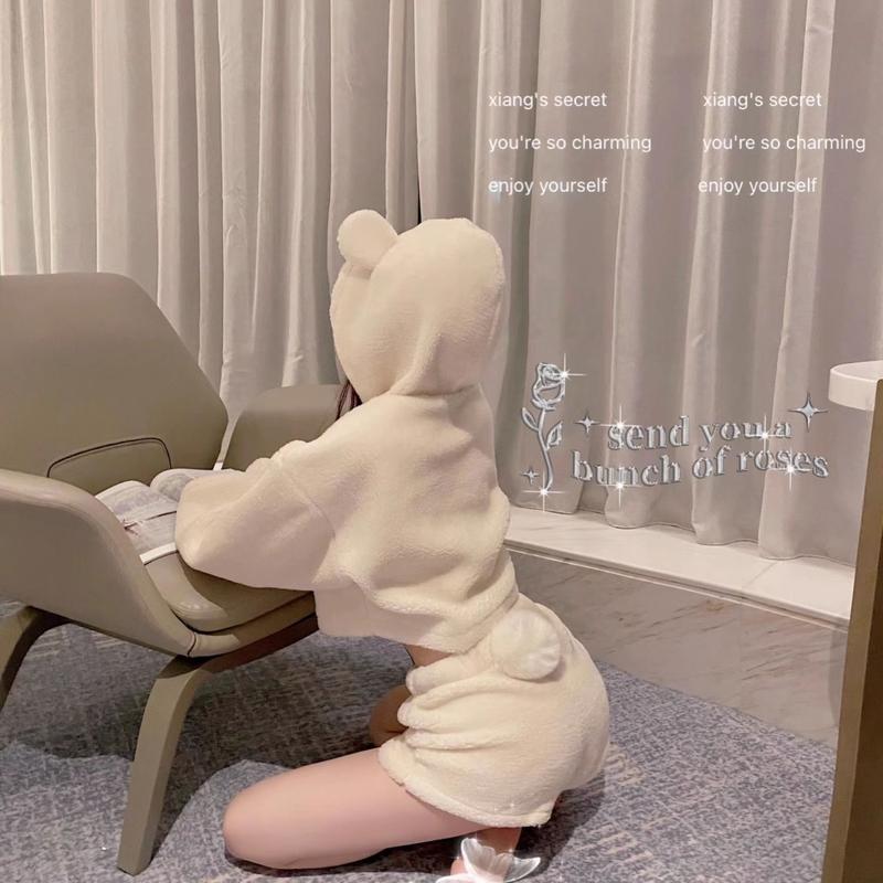 Bộ Đồ Gấu Nhồi Bông OOTD, Trang Phục Mùa Thu Và Mùa Đông 2024, Đồ Mặc Nhà, Quần Đùi Ngủ Có Mũ Trùm Đầu, Làm Bằng Len Lông Cừu, Phong Cách Người Nổi Tiếng Trên Internet, Dành Cho Nữ