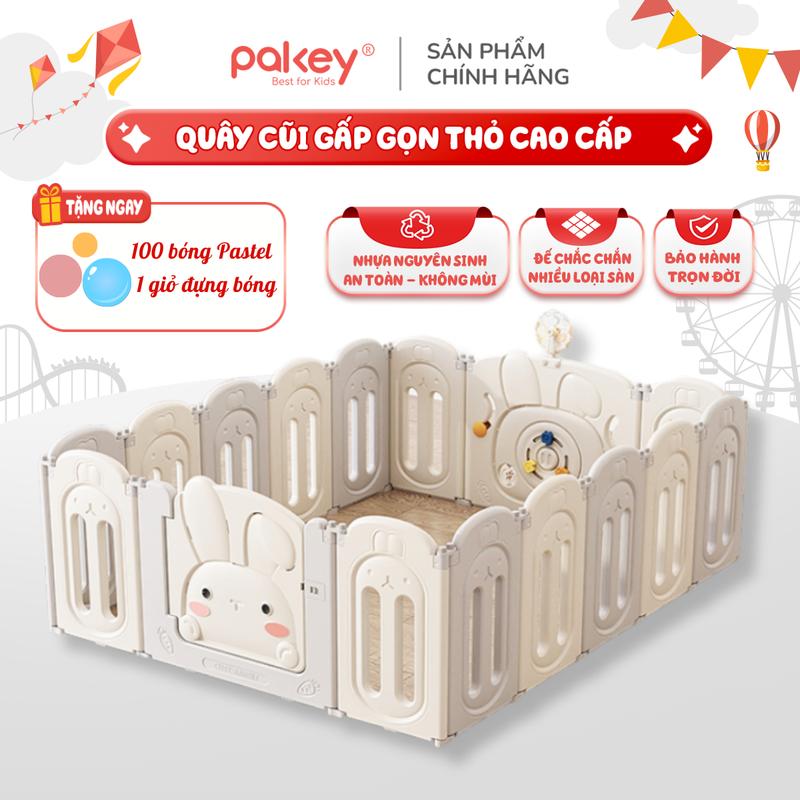 Quây cũi nhựa gấp gọn Pakey Thỏ Trắng Cao cấp Tặng 100 BÓNG - 1 GIỎ ĐỰNG BÓNG, Quây cũi gấp gọn cho bé Quây nhà banh Đồ Chơi an toàn cho bé
