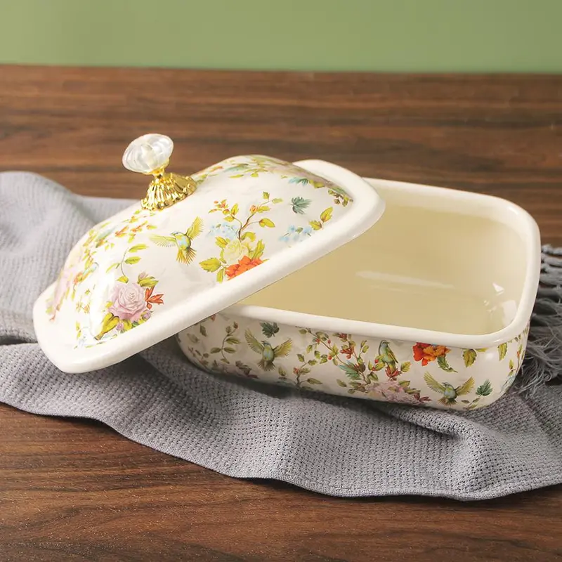Vintage Floral Pattern Enamel Bread Box, Enamel Butter Dish with Lid, Salad Preserving Container for Kitchen Canteen, Summer Gift 3