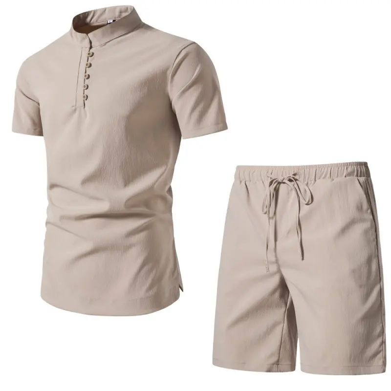 Suit Men's Large Size Short Sleeve Retro Shirt Solid Color Beach Pants Shorts Suit