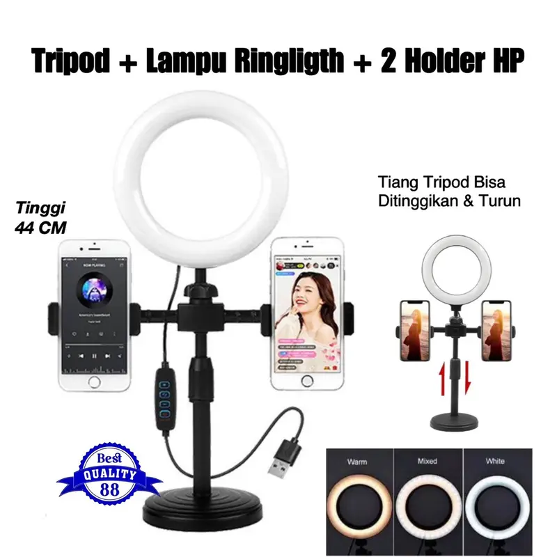 Tripod 28CM 2 Holder HP + Lampu Ringligth 16CM 0