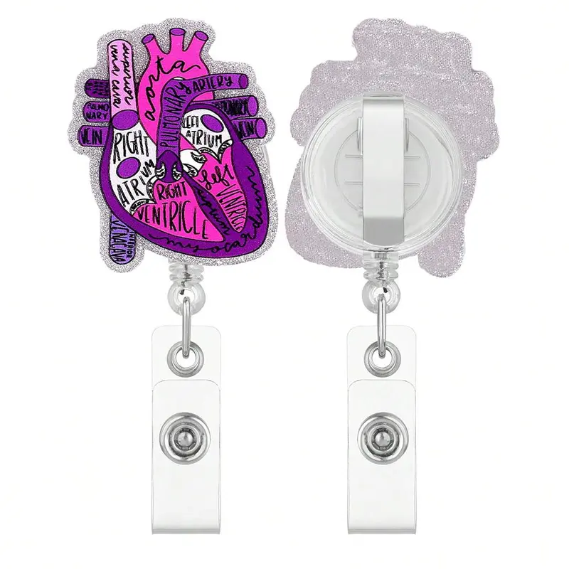 Heart Pattern Badge Holder, 1 Count Retractable Badge Reel with ID Clip, Identification Badges & Supplies for Nurse Doctor Student Worker 7