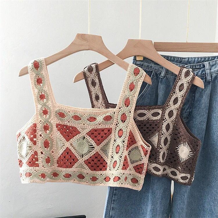 Product Introduction of Bohemian ethnic style small camisole vest embroidered hollow knit short piece for women's sleeveless interior 2
