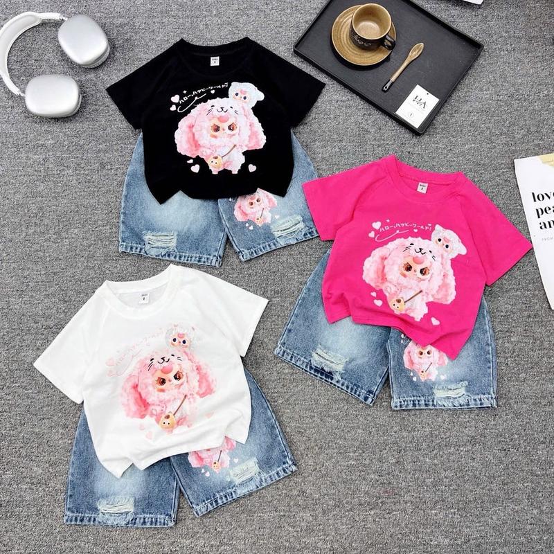 ( 11-35kg) Bộ quần bò jean cộc + áo phông in hình baby  cho bé gái mã 01