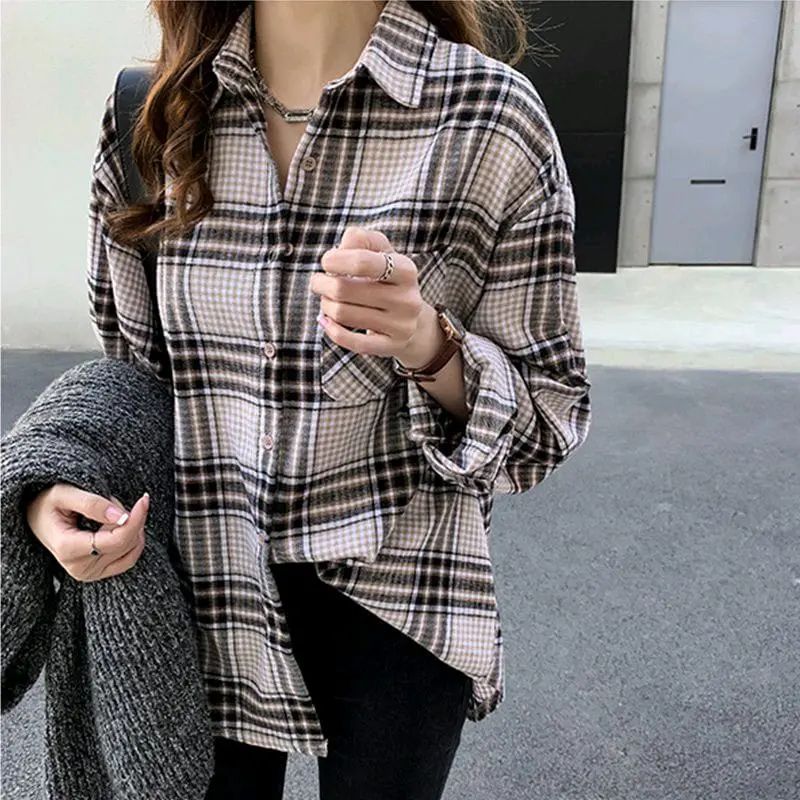Kemeja flanel wanita distro Unisex lengan panjang Casual Kain Lembut Motif Kotak Surfing Nyaman Tangan Semi flannel 5