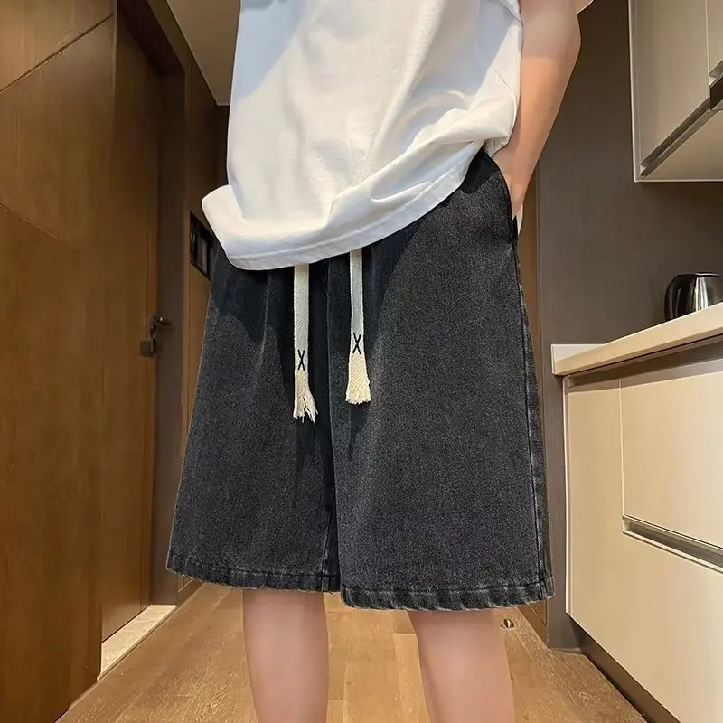 Quần short jean nam nữ basic,sooc bò, quần bò đùi ống rộng unisex Menswear Ong Denim Xanh xxl dây rút