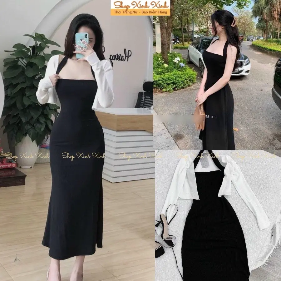 Sét Đầm Body Cổ Yếm Kèm Áo Khoác Cadigan Nhẹ Nhàng Cho Nữ Đi Tiệc Đi Chơi Sang Chảnh phù hợp với phong cách thanh lịch, nữ tính. Kem Dress