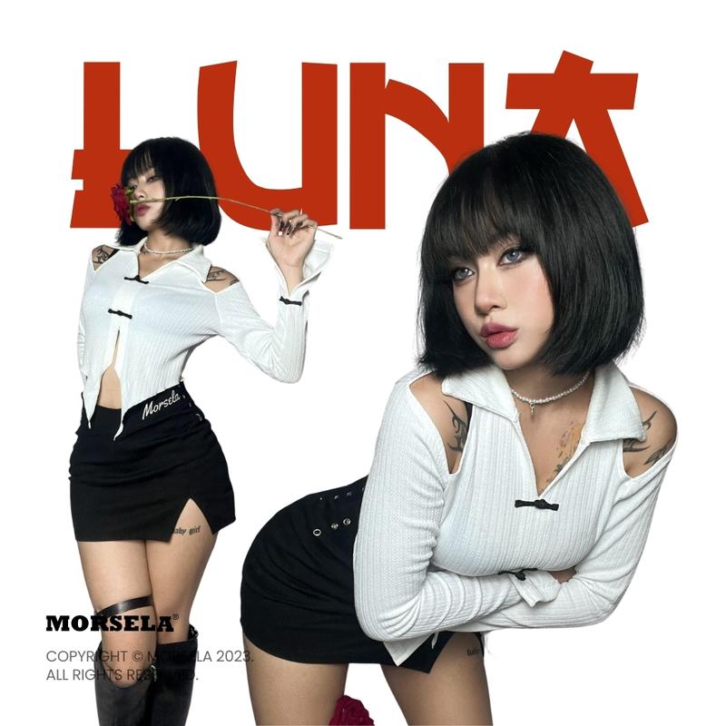 Áo croptop nữ tay dài MORSELA -  LUNA phối nút Trung Hoa phong cách Y2K