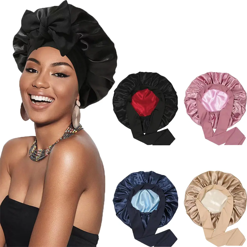 Satin Hat Sleeping Silk Hat Double-Layer Hair Cap with Elastic Band Women's Curly Hair Nightcap