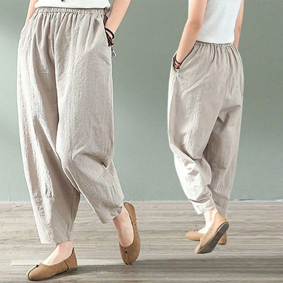 Quần Parachute Harem  Dáng Thụng Vintage, Quần Dài Nữa Lửng Vải Lanh Cao Cấp Mềm Mại Thoáng Mát, Dễ Vận Động Phong Cách Nhật Bản (MS62)