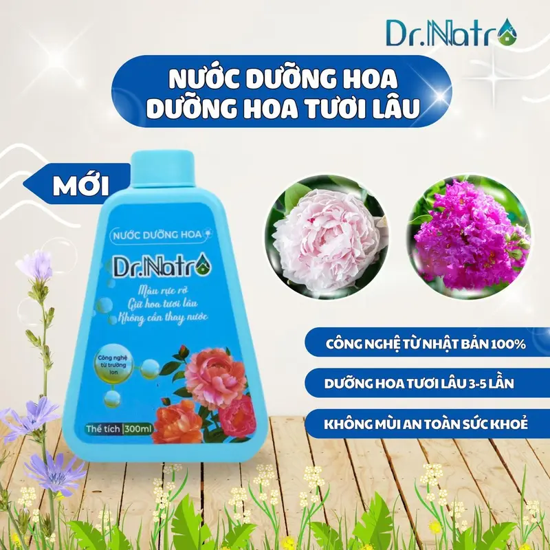 Nước dưỡng hoa Dr Natro - Giữ hoa tươi lâu 3 - 4 tuần - Màu sắc hoa bền đẹp gấp 3 - 5 lần - Chai 300ml (tặng 1 gói dưỡng hoa size nhỏ ) 0