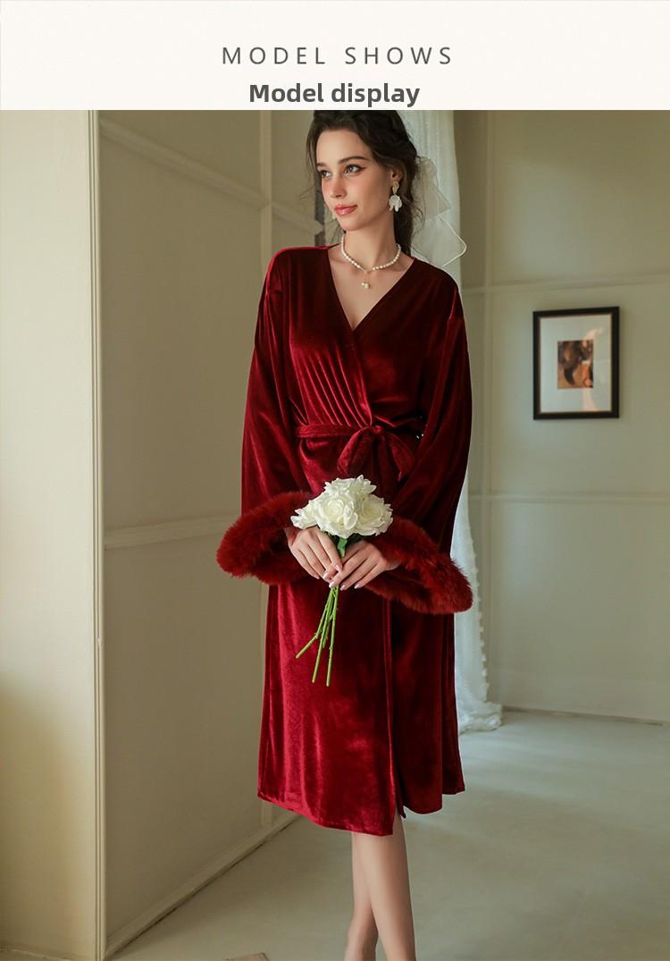 Product Introduction of Bride Bridal Gown Women's Long Feather Nightgown Wedding Tie Makeup Bridesmaid Kimono South Korea Gold Velvet 4