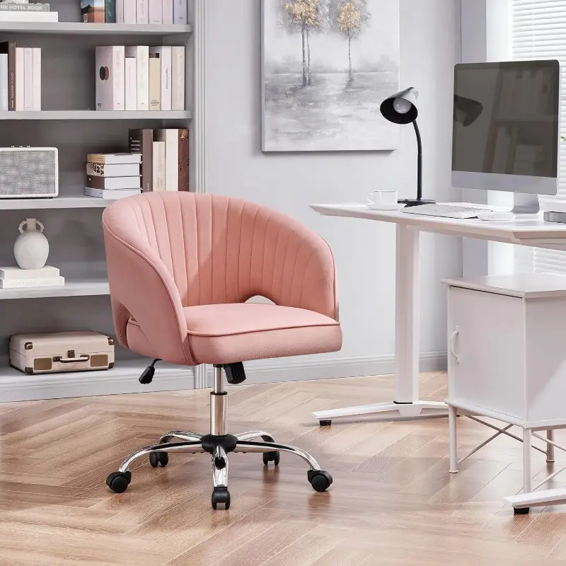 Deluxe Velvet Desk Chair, Makeup Vanity Chair with Tufted Barrel Back Adjustable Velvet Accent Armchair Swivel Office Chair for Home Office Pink 5