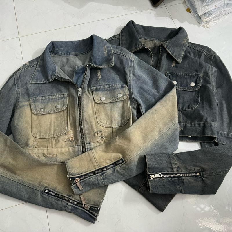 Áo khoác jeans dây kéo phối túi phối đai khoá kéo tay áo QC cao cấp