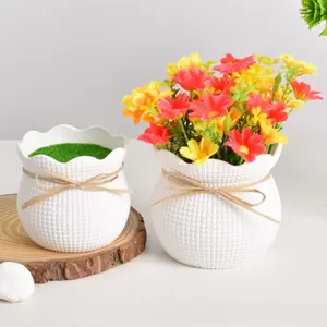 COD POT HIAS PLASTIK BULAT MODERN DENGAN BUSA HIASAN KERIKIL DEKORASI MEJA RUMAH Bunga Hitam & Putih Tahan Lama Ringan