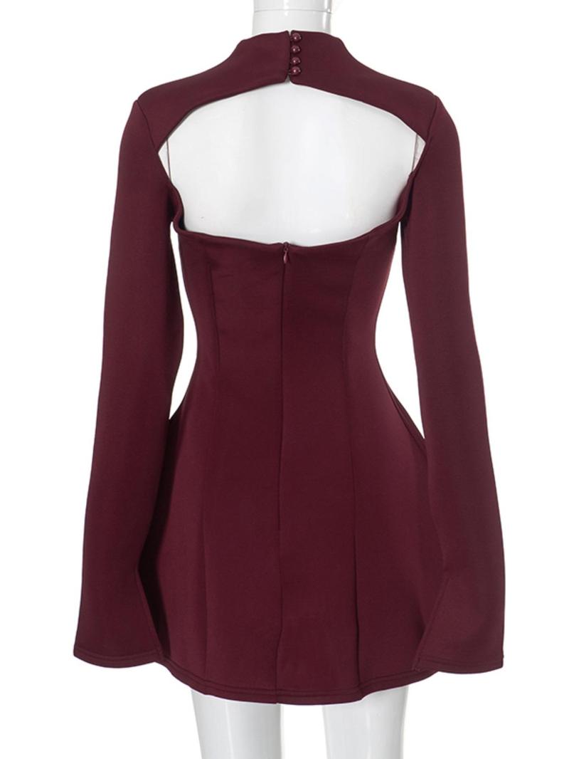 Product Introduction of Women's Plain Backless Button Decor A Line Dress, Elegant Long Sleeve Stand Collar Zipper Back Short Dress for Party Holiday Wedding Guest, Ladies Spring & Fall Clothes, Dresses for Women, Classy Modest Dresses 6