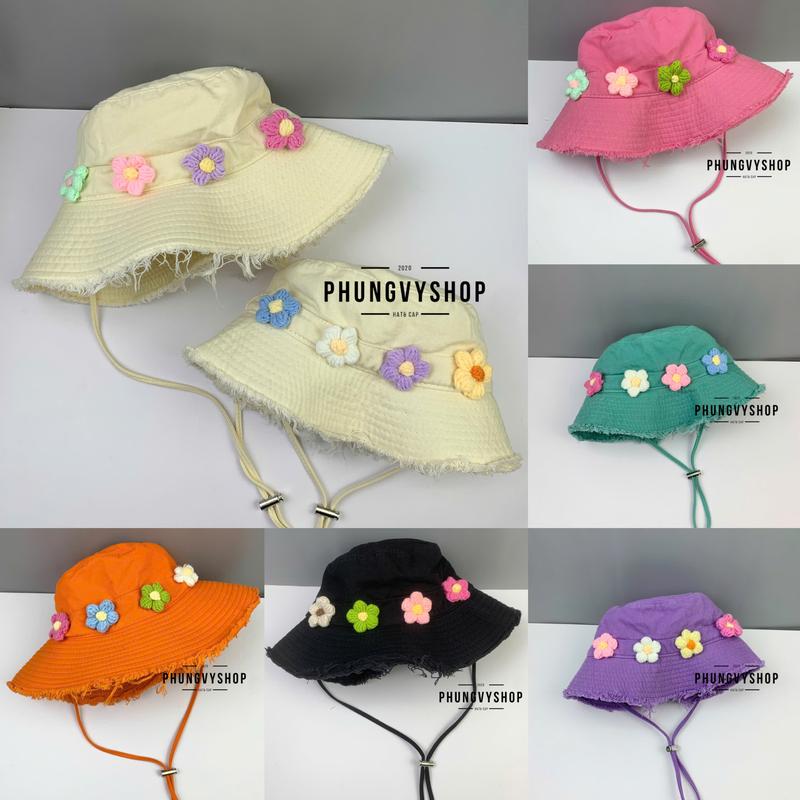 < CÓ Size MẸ và BÉ > Mũ bucket tai bèo vành tua rua rách unisex nam nữ phungvyshop-nón / BO Tua Bốn Cục Hoa len /