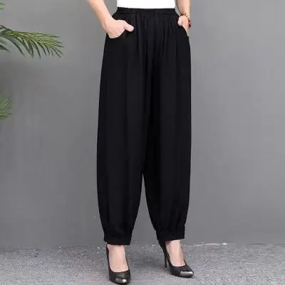 Quần Nữ Trung Niên Mùa Hè Mới, Ngoại Cỡ, Dáng Rộng Vừa Vặn, Làm Bằng Lụa Bông, Màu Trơn Ống Rộng, Phong Cách Dân Tộc Thường Ngày Thích Hợp Cho Khiêu Vũ Vuông, Quần