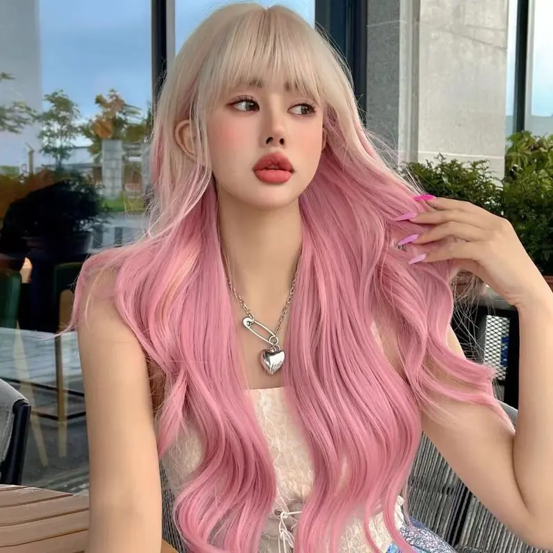 Tóc Giả Nguyên Đầu Ombre Xoăn Dợn Khói Hồng Women Wig Women Wig 0