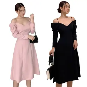 Dress Midi Hitam 1789: Gaya Korea dengan Model Sabrina Offshoulder - Gaun Pesta Warna Pink dan Hitam - Bahan Scuba Tebal Stretch - Size M Semi Casual Kerja Wanita Dewasa