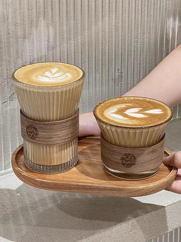 [1 ly] Ly thủy tinh pha cà phê, ly có đai gỗ cách nhiệt, cốc thủy tinh chịu nhiệt họa tiết sọc miệng loe, dùng pha capuchino,latte, bạc sỉu 175ml 300ml
