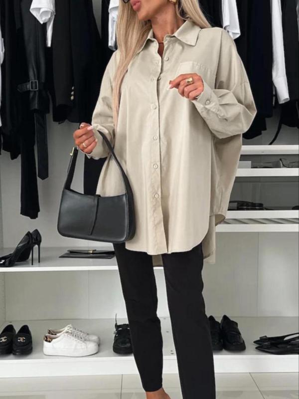 【Plus Size】 Solid Button Front Pocket Drop Shoulder Shirt, Casual Long Sleeve Collared Top for Spring & Fall, Women's Clothes for Daily Wear 5