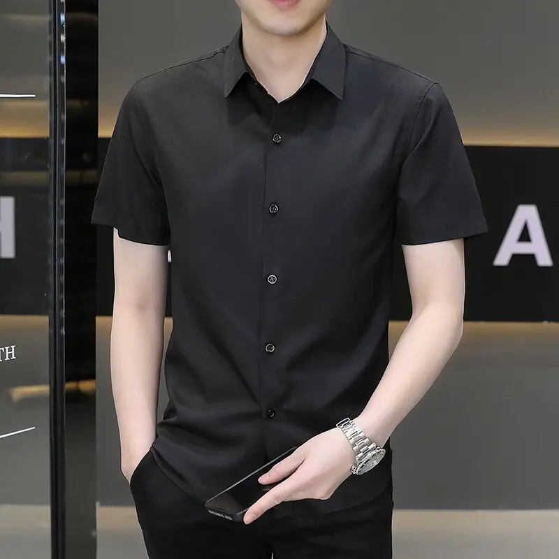 Men's short-sleeved shirt summer ice silk non-iron shirt business casual solid color top