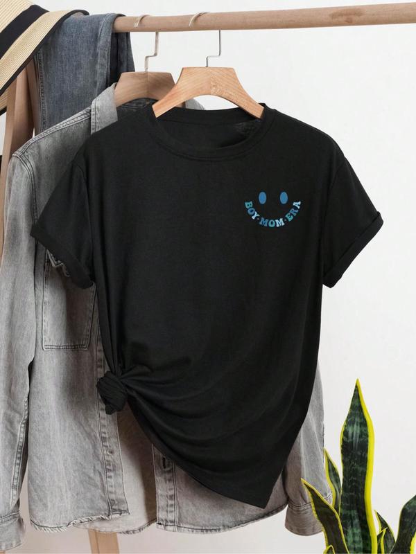 Women's Cartoon Letter Graphic Print Round Neck Tee, Fashion Casual Short Sleeve T-shirt for Daily Wear, Ladies Summer Clothes 1