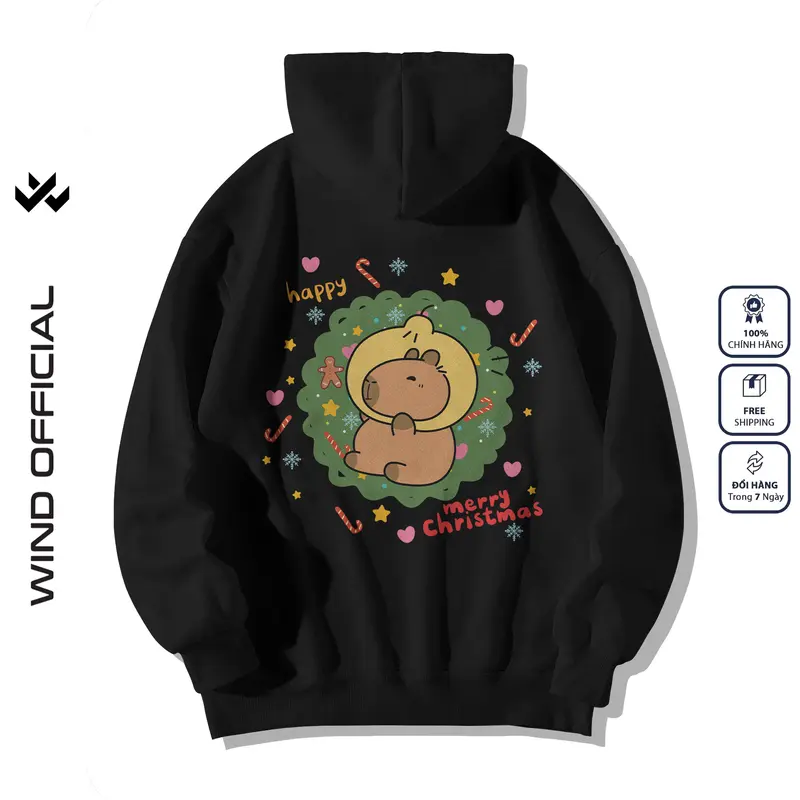 Áo hoodie unisex form rộng WIND Capybara Merry Christmas hoodie nút bấm thời trang nam nữ nỉ bông oversize Menswear Dài Tay Tay Dài 3