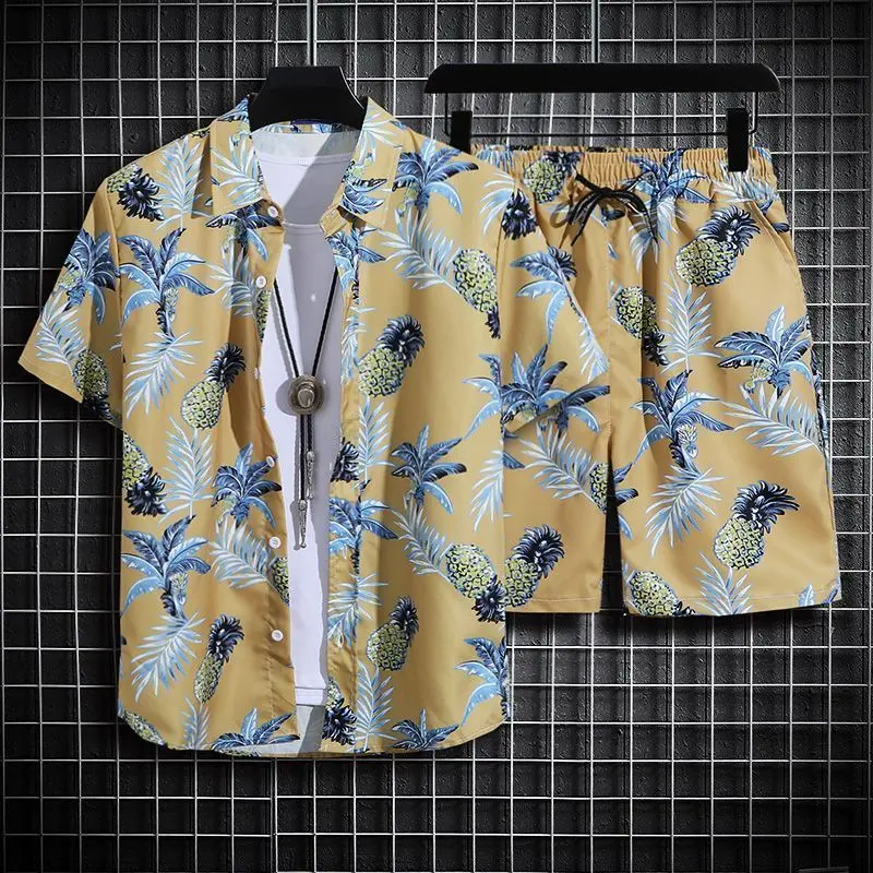 Bộ Đồ Đi Biển Tam Á, Trang Phục Nam Mùa Hè, Áo Sơ Mi In Hình Dáng Rộng Rãi, Phong Cách Thái Lan Và Hawaii, Thích Hợp Đi Du Lịch Hainan, Áo Sơ Mi ngắn Tay Thời Trang Menswear Kate Cổ Tròn Quần