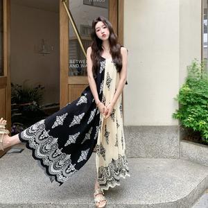 Color Block Patchwork Printed Strap Dress for Women Summer 2025 New Style Stunning Vacation Style High-end  Floral Long Dress