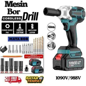 【QQ174】Mesin Impact Baterai Cordless Impact Wrench Brushless 1090V 950N.M Mesin Bor Impact Baterai Untuk Memudahkan Pemasangan Baut Pada Roda Motor Drill Impact Tool 2 Baterai bor impact multifungsi bor baterai bor cas 2 batrei bor cordless bor listrik