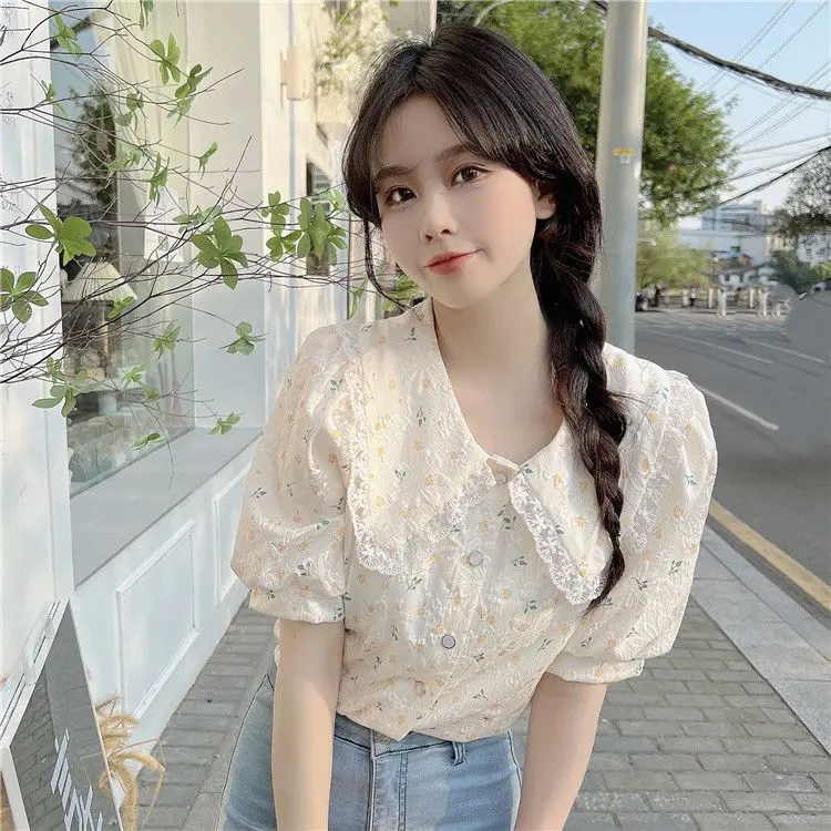 Áo Sơ Mi Ngắn Tay Cho Nữ, Mùa Hè, Pháp, Ngọt Ngào, Hoa