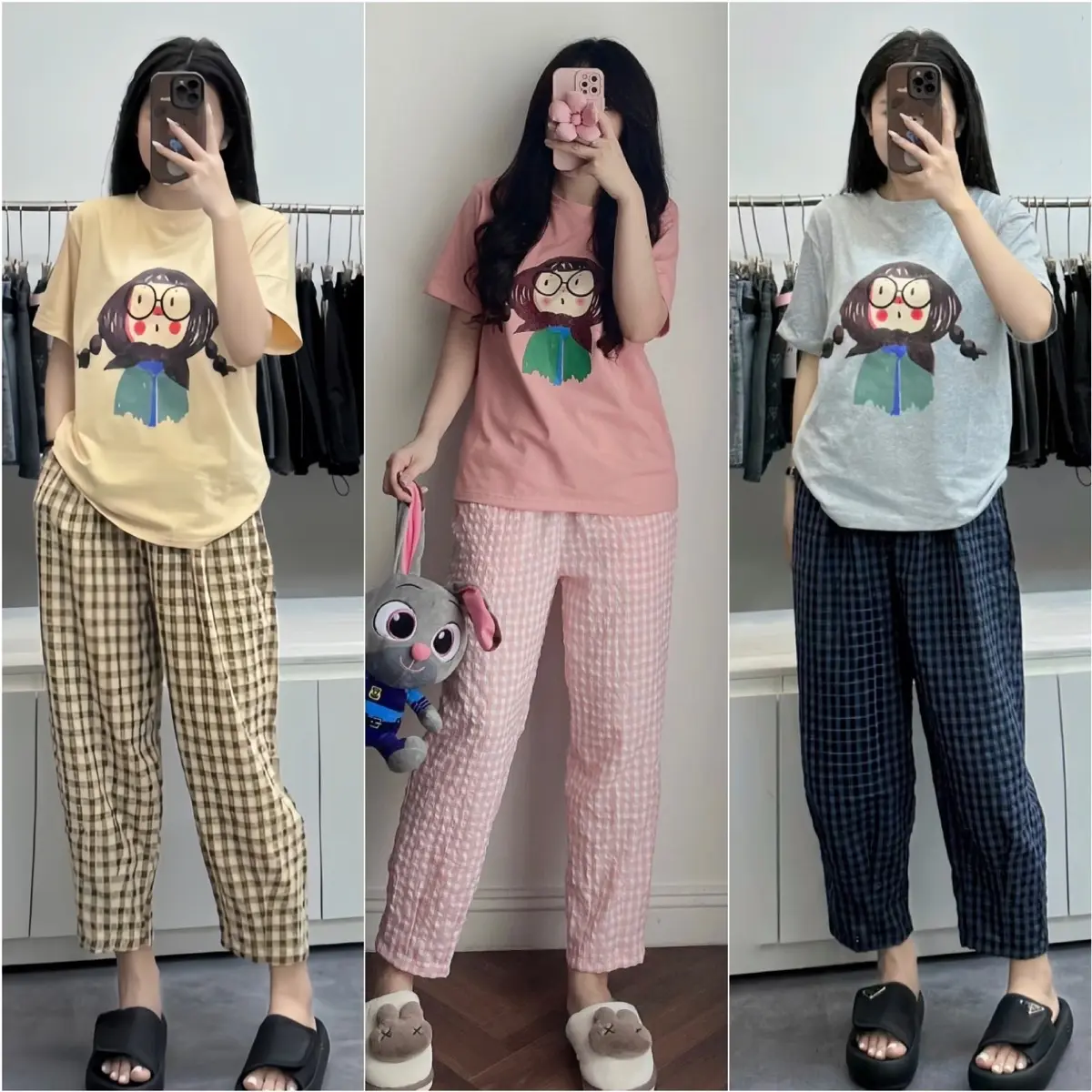 [IN CÔ GÁI] Sét áo cộc, quần baggy kẻ BẢN 5 MÀU size SMLXL 40- 70kg. Dáng quần lửng