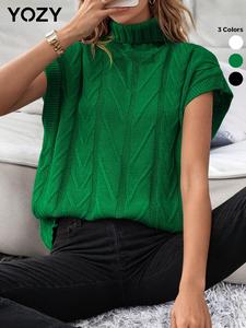 YOZY Women's Plain Batwing Sleeve Turtle Neck Cable Knit Top, Casual Short Sleeve Knitted Top for Spring & Fall, Women's Knitwear Clothes for Daily Wear, Spring & Fall Clothes