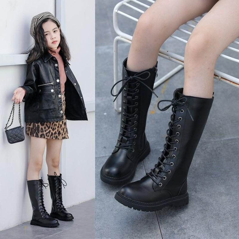 Giày boot da cổ cao,boot đùi có dây buộc cho bé gái
