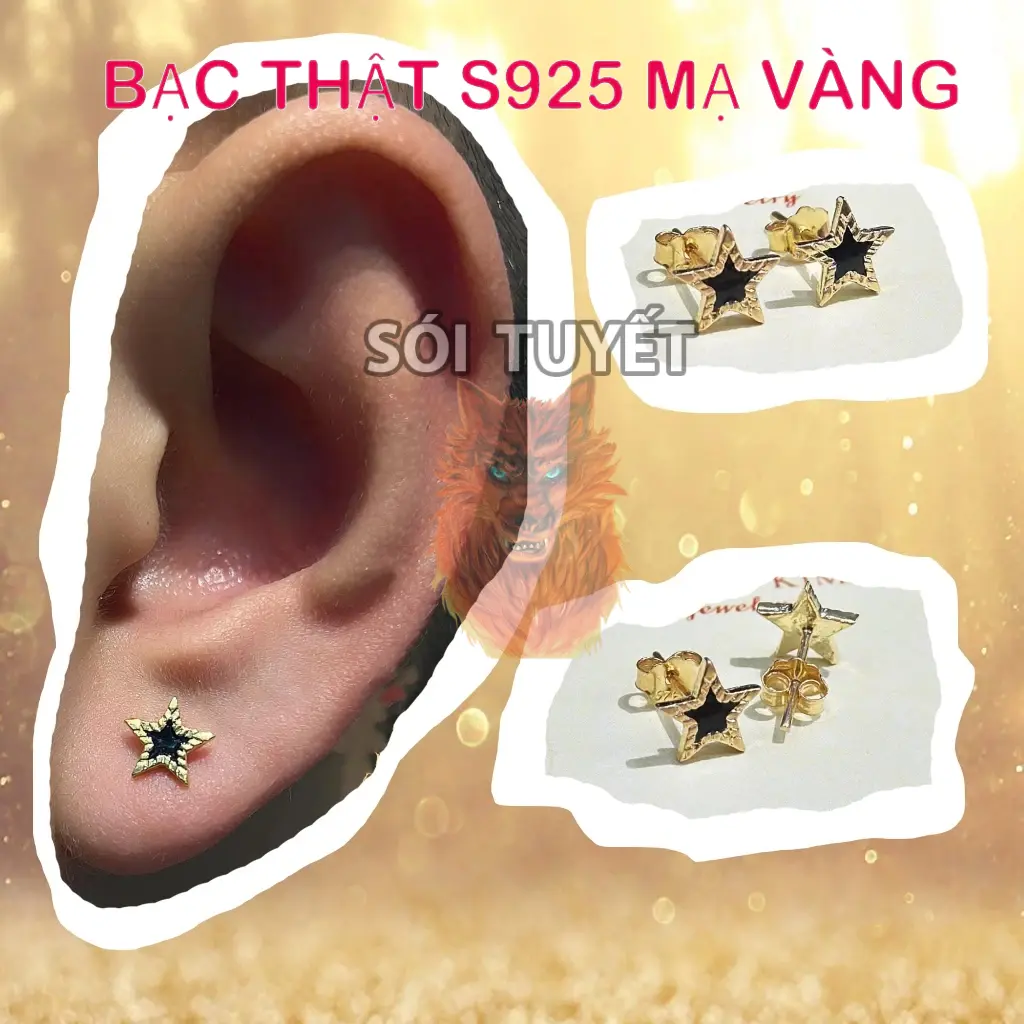 Khuyên tai nam Mạ Vàng 18k Nụ sao chất liệu Bạc 925 đính đá cao cấp - Bông hoa tai nam mạ vàng