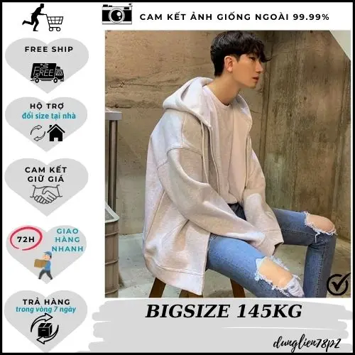 Áo khoác hoodiezip có túi trong bigsize nam nữ to rộng 145kg  vẫn vừa cho các bạn thích nón to 2 lớp siêu to khổng lồ Áo Top Dài Tay Menswear Shirt Màu Đen