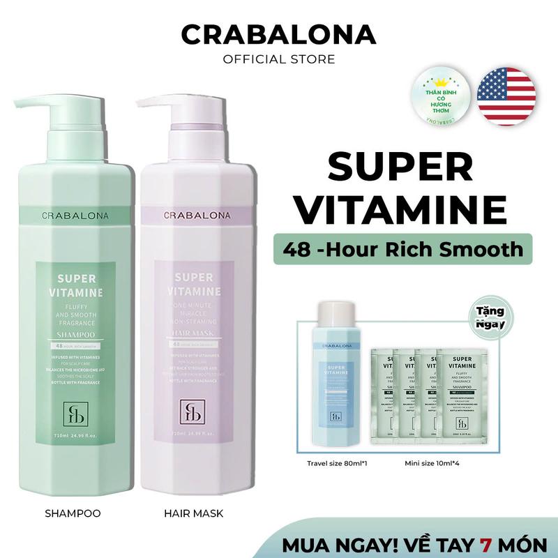 Combo Dầu Gội + Kem Ủ Xả CRABALONA Super Vitamine - Trị Gàu Kiềm Dầu, Mái Tóc Bồng Bềnh Óng Ả (710ml/Chai)