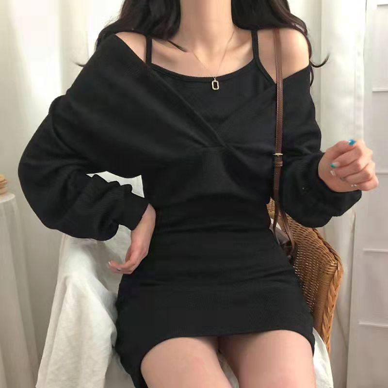 Product Introduction of 2024 Autumn and Winter New French Style Temperament Suspender Skirt + Blouse T-shirt Long Sleeve Suit Female Slim Solid Color Dress Hot Sale 30