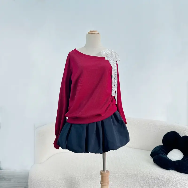 Set Bigsize CÓ LẺ ÁO (Áo + Váy) Áo Sweater Lệch Vai Dây Ren Vai Thun Nỉ Tăm Cao Cấp Phối Chân Váy Bí Ngô Dễ Thương Cho Nữ Chuppy (50-95Kg)-  Top Women 3