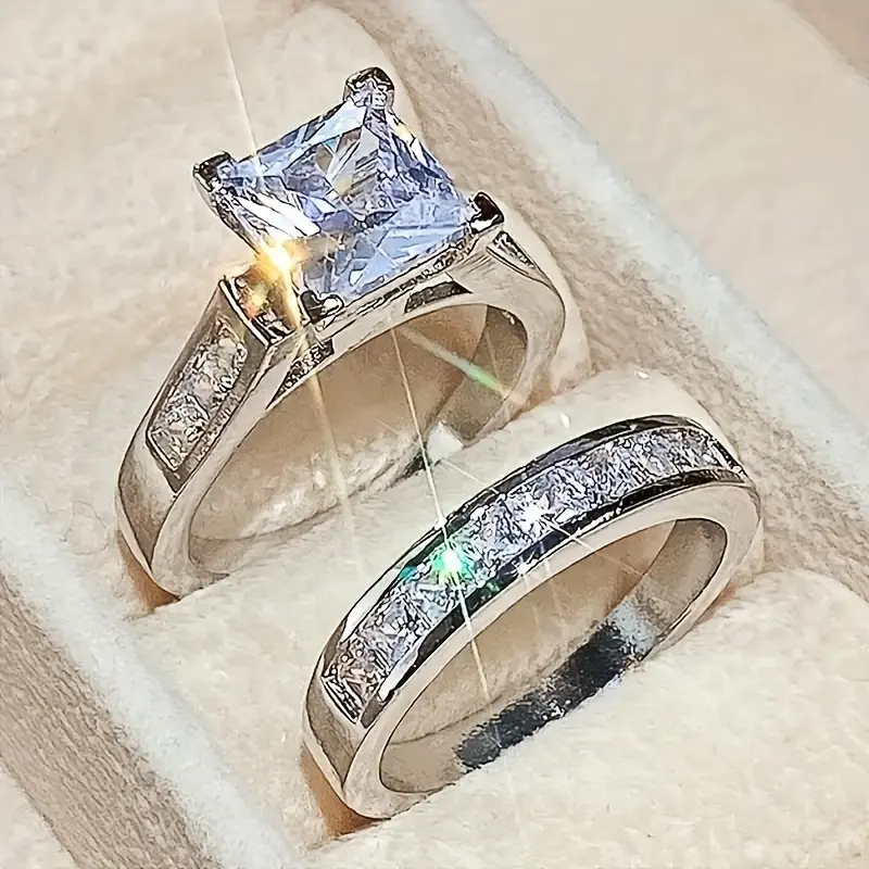 Luxury 2pcs Stackable Ring Set With Shimmering Cubic Zirconia, Elegant Engagement/Wedding Band, Dual-Sided Party Decor Faux Jewelry mara  paris  ring anxiety  rings brilliant  earth state  men amber  heart promise elongated  cushion  engagement loitering 2